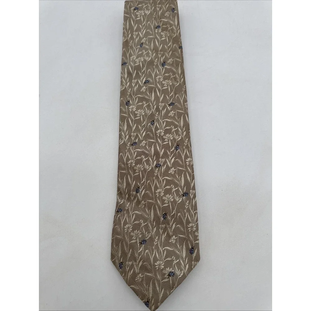 VILLA BOLGHERI Men's Silk Necktie ITALY Designer Floral Embroidery Blue Ladybugs